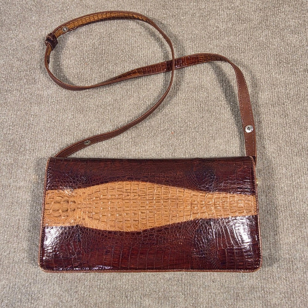 Vintage Genuine Crocodile Skin Shoulder Bag Two Tone Brown Made in Thailand